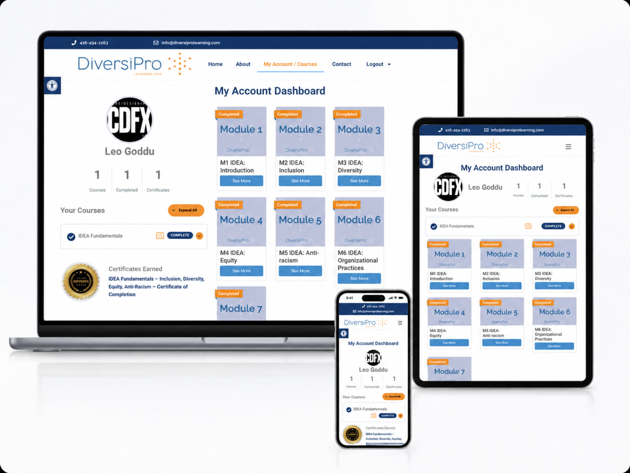 DiversiPro Learning multilingual learning management system shown across responsive devices