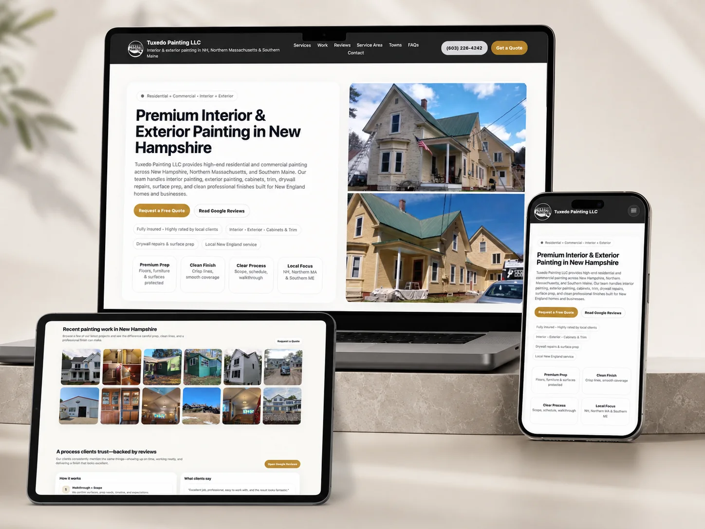 Tuxedo Painting LLC website shown across desktop, tablet and mobile device layouts