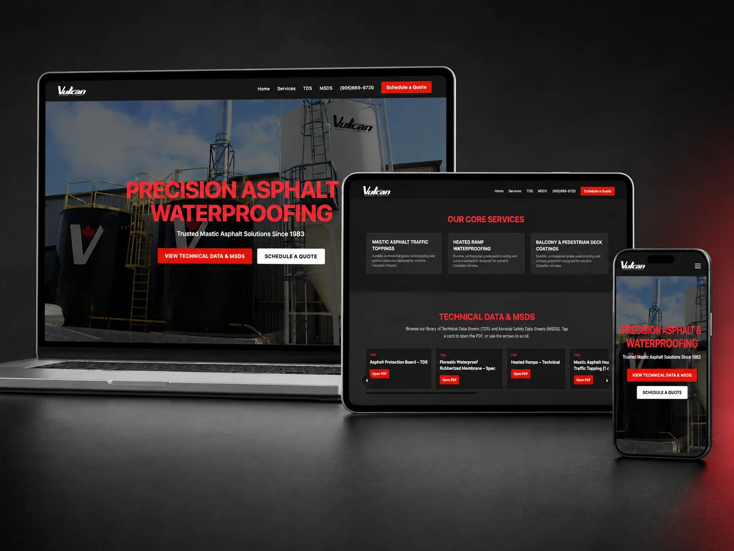 Vulcan Asphalt and Supply website shown across desktop, tablet and mobile device layouts